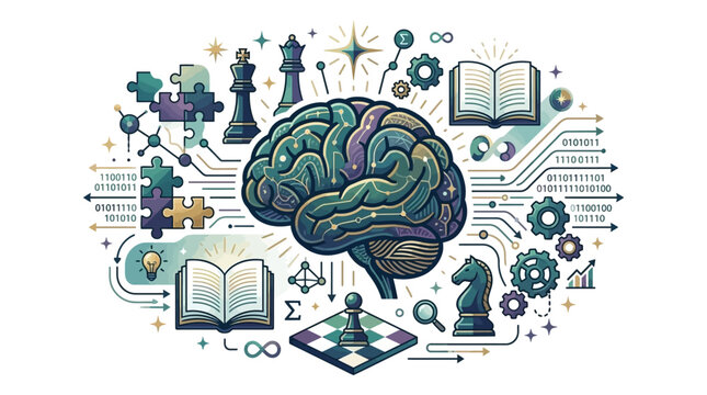 Cerebral brain with educational symbols and strategic chess pieces
