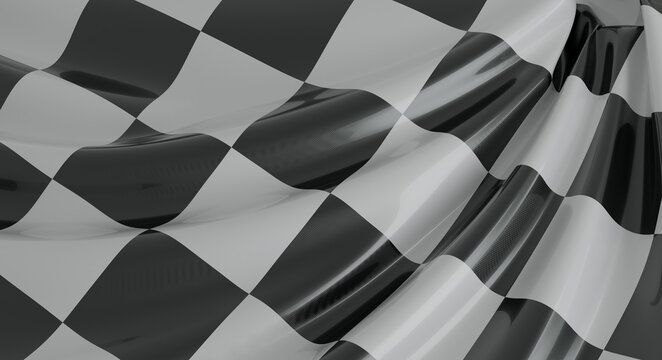 Close-up of a flowing checkered flag fabric, smooth and reflective, representing victory and speed