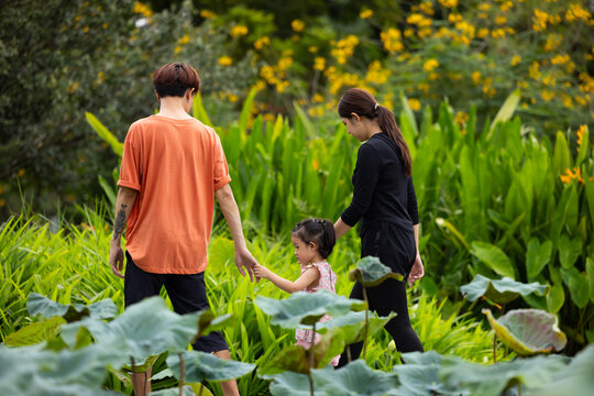 Mother and daughter walking hand in hand at spring park, moment of family bonding and togetherness. outdoor activitie. Asian Family with father mother daughter and grandfather
