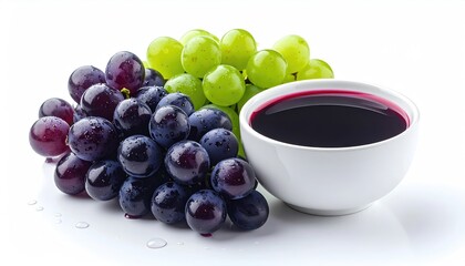 Obraz premium Vibrant purple and green grapes with a bowl of rich, dark juice