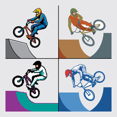 Obraz premium Bmx bicycle extreme sports riders performing tricks on ramps with halfpipe freestyle athletes