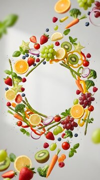 Fresh Fruits and Vegetables Arranged in a Circular Floating Frame Pattern for Healthy Eating and Nutrition Concepts