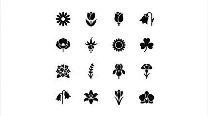 Fototapeta premium Collection of minimalist black flower icons simple flat design glyphs for nature-themed web and app elements isolated on a white background
