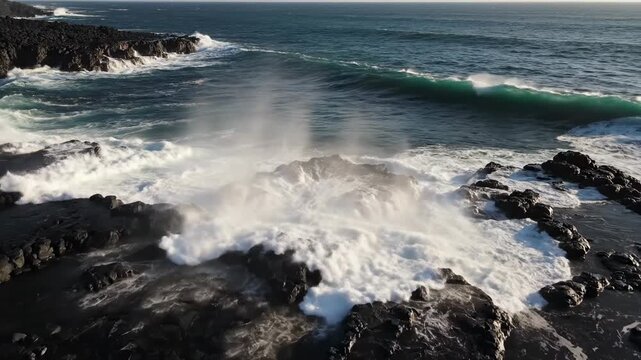 Waves crash on rocky shore during sunset at the coast