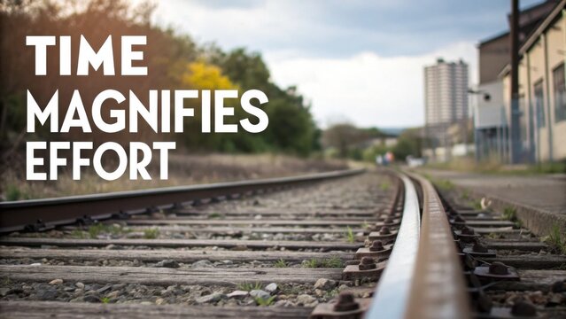 Inspirational quote on tracks symbolizing journey and commitment with vivid landscape and cloudy sky in background