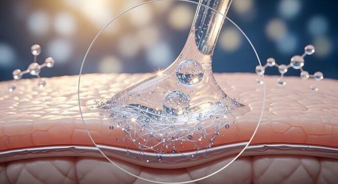Close up of a serum or cream being applied to skin with molecular structures