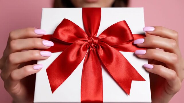 Holding a gift box with a red ribbon against a pink background