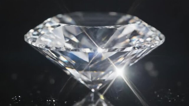 Close up view of a diamond on a dark background with bright reflections and clear facets