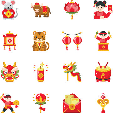 Flat Chinese New Year icons featuring zodiac animals, lanterns, drums, dragon decorations, festive ornaments, and lucky symbols for holiday celebrations. 

