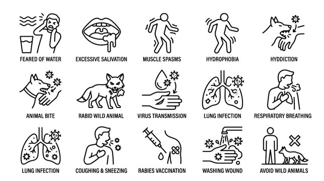 Mega Set of Hydrophobia Rabies Symptoms and Mammal Virus Transmission Icons Editable Black Outline Stroke Vector Collection on White Background