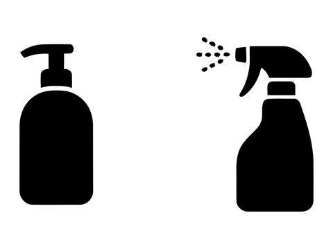 Black silhouette icons of a soap pump bottle and a spray bottle for cleaning and hygiene