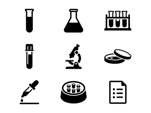 Set of black laboratory equipment icons including microscope test tubes and petri dish