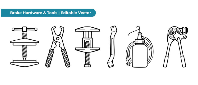 Brake repair tools vector icon set featuring caliper piston compressor, spring pliers, bleeder bottle, and mechanic hardware equipment for automotive maintenance and car service workshop.