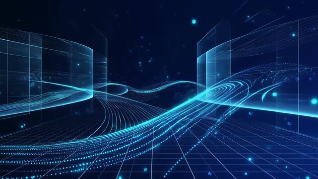 Futuristic Abstract Digital Data Stream with Glowing Blue Light Particles and Network Grid Motion Technology Background