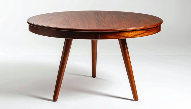 A round, mid-century modern wood table with three tapered legs