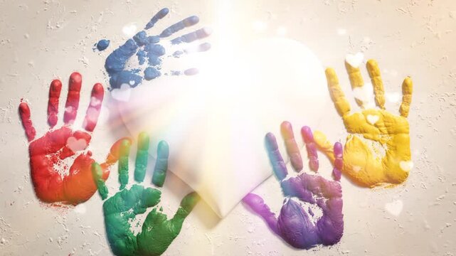 Colorful Handprints Around White Heart Symbol, Diversity and Unity Concept