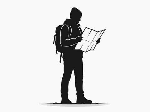 Silhouette of a traveler holding a map for the concept of exploration and journey.