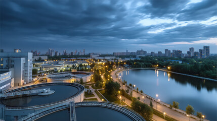 Naklejka premium Modern treatment plant urban landscape water reservoir evening city skyline cloudy sky illuminated reflection architecture technology