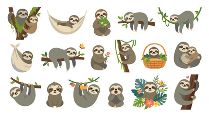 Fototapeta premium Cute Sloth Family Illustrations, Mama and Baby in Nature, Flat Design