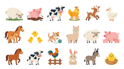 Naklejka premium Collection of Cute Flat Cartoon Farm Animals Vector Illustrations for Kids and Educational Content