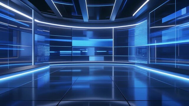 Futuristic broadcast studio featuring floating holographic glass panels and elegant blue ambient lighting for high-tech news production