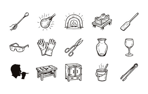 Hand drawn glass blowing workshop icon pack including artistic glassmaking process professional tools and decorative glassware