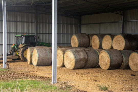 tacked round hay bales inside an Australian farm shed