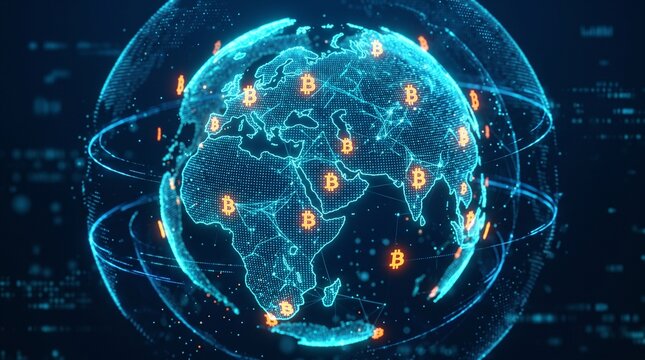 Digital earth globe network with orange glowing bitcoin cryptocurrency icons for global finance concept