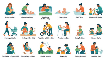 Fototapeta premium Flat Style Vector Icons: Diverse Parental Care Activities for Child Development