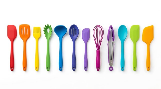 Set of colorful silicone kitchen utensils and cooking tools lined up in a row. rainbow silicone utensils