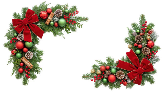 Christmas corner decorations with red bows, baubles, pine cones, and cinnamon sticks isolated on transparent background