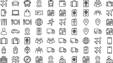 Travel tourism and logistics linear icons set featuring airplane passport map pin luggage calendar and shipping truck symbols © MDNAIMUR