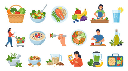 Fototapeta premium Healthy Food and Nutrition Flat Vector Illustration Set. Balanced Diet, Cooking, Eating, and Wellness Lifestyle Icons