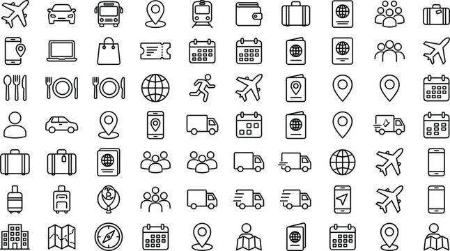 Travel tourism and logistics linear icons set featuring airplane passport map pin luggage calendar and shipping truck symbols