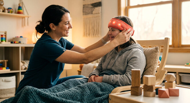 Documentary photo of a pediatric neurorehabilitation session where a therapist gently positions a soft red-light headband on a young adult with Down syndrome, seated in a calm sensory room with a