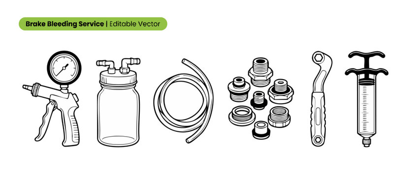 Brake bleeder vacuum pump kit vector line art icons for car fluid flush service and automotive maintenance repair work featuring pressure gauge, syringe, hose, bottle, adapters, and hand tool wrenches