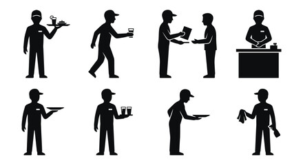 Fototapeta premium Waiters icons set working, serving drinks, food and taking orders.