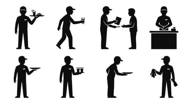 Waiters icons set working, serving drinks, food and taking orders.