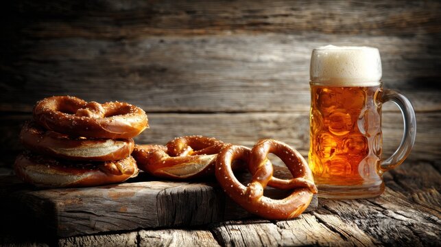 Oktoberfest concept - pretzels and beer on rustic wood background.