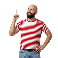 Naklejka premium Bald Man in Striped Shirt Pointing Up With Index Finger, Isolated