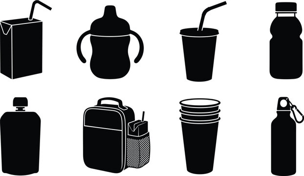 Collection of beverage container silhouette icons including juice box, sippy cup, disposable cup, pouch, and reusable water bottle