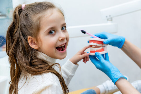 Young girl with long brown hair smiles widely while pointing at a dental model held by a dental professional in a bright clinic, showcasing dental hygiene education and care