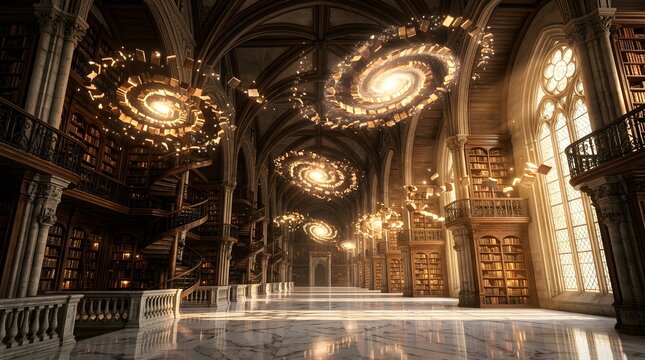 Ancient gothic library interior with glowing cosmic galaxies floating through grand halls filled with books and light