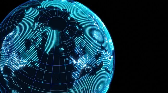 Digital glowing global network map wireframe of Earth for global business technology concept