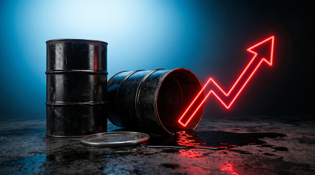 Weathered metal oil barrels display a glowing red neon arrow indicating rising market energy costs