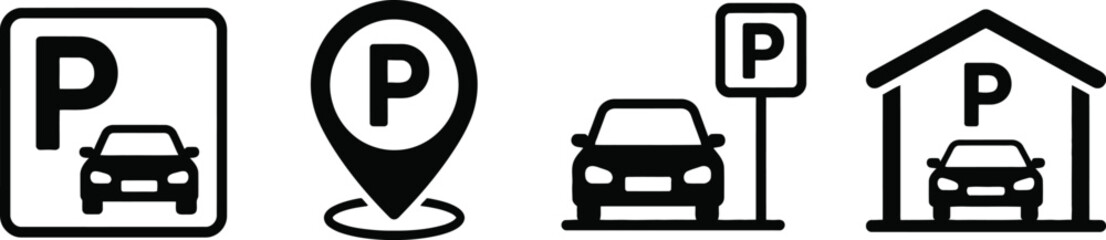  CAR PARKING ICON PACK VECTOR Car parking icon set. Public parking and parking location symbol - stock vector.Car parking icon line art and black silhouette symbol.