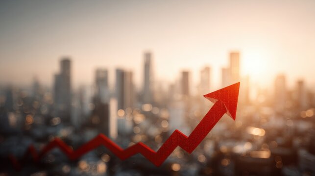 Red arrow graph pointing upwards symbolizes growth and success against cityscape background, representing positive trends and progress.