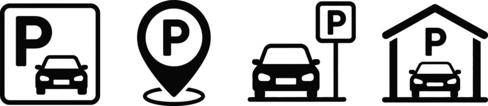  CAR PARKING ICON PACK VECTOR Car parking icon set. Public parking and parking location symbol - stock vector.Car parking icon line art and black silhouette symbol.