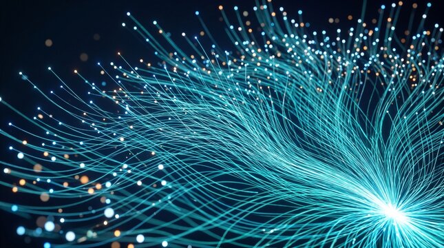 Blue glowing fiber optic light strands bursting from a source for high speed internet network