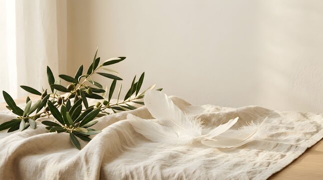 Minimalist elegant background with green olive branch and white feathers on beige linen cloth